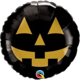 Black jack-o'-lantern balloon with a yellow face on a white background