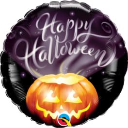 Black Halloween balloon with a jack-o'-lantern and Happy Halloween text