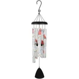 Metal wind chime with red cardinals and white blossoms printed on silver tubes