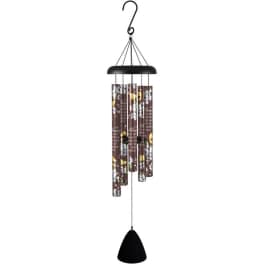 Hanging memorial wind chime with printed tubes and a black clapper
