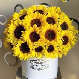 Bouquet of yellow sunflowers in a white hatbox