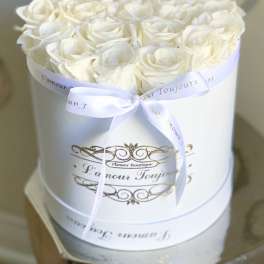 White roses arranged in a round white box with a ribbon bow