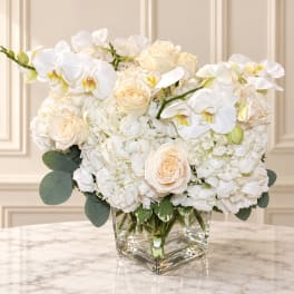 White floral arrangement in a square glass vase with cream roses and orchids