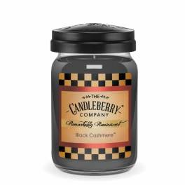 Black jar candle with a labeled lid and checkered label