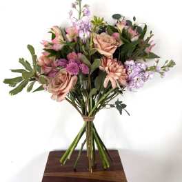 Bouquet of blush roses, pink alstroemeria, and lavender flowers