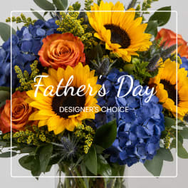 Bouquet of sunflowers, blue hydrangeas, and orange roses with a Father's Day overlay