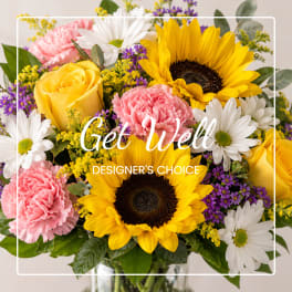 Bouquet of sunflowers, roses, carnations, and daisies with a get well message