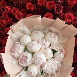 Bouquet of pale pink peonies wrapped in blush paper