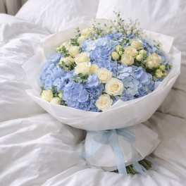 Blue sky escape bouquet- Hydrengea, Baby rose, Eucaliptus