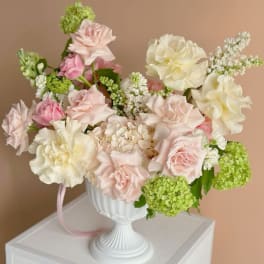 Pink and white roses arranged in a white pedestal vase