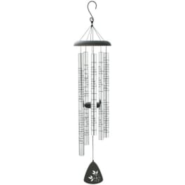 Silver wind chime with hanging metal tubes and a black clapper