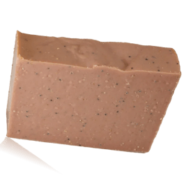 A rectangular bar of pink soap with speckled texture
