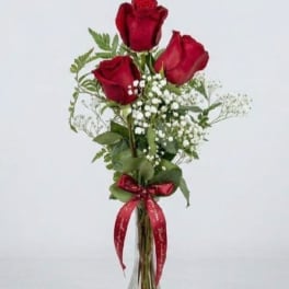 Three red roses with baby's breath and a red ribbon