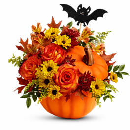 Pumpkin arrangement with roses and daisies, topped with a bat decoration