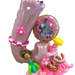 Princess-themed birthday balloon arrangement with a large number 4