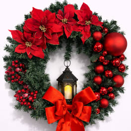 Holiday Magic Light Wreath - Red Poinsettia Lantern Arrangement