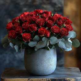 Red roses arranged in a gray vase with eucalyptus leaves