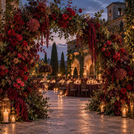 Large floral arch with red roses and candles at an outdoor event venue