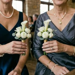 Two women hold small white wedding bouquets with calla lilies and round blooms.