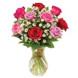 Bouquet of pink and red roses with small white daisies in a clear glass vase