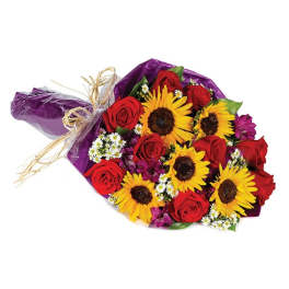 Bouquet of red roses and yellow sunflowers wrapped in purple paper