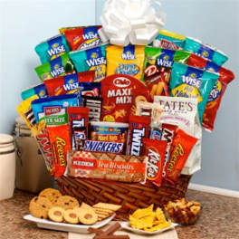 Basket of assorted snack bags with cookies and crackers on plates