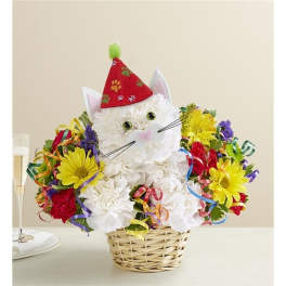 White cat-shaped flower arrangement in a basket with colorful daisies and ribbons