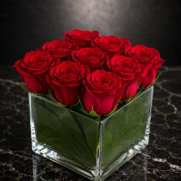 Red roses arranged in a clear square glass vase