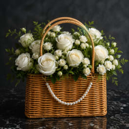 White roses arranged in a wicker basket with a pearl handle accent