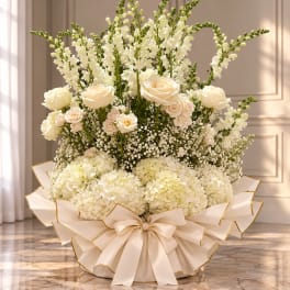 Cream floral arrangement with roses and hydrangeas in a wrapped base