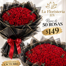 Two large bouquets of red roses wrapped in black paper with gold trim and a red ribbon.