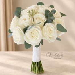 White rose bridal bouquet with eucalyptus greenery