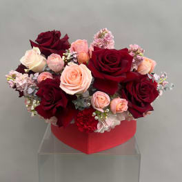 Heart-shaped box arrangement of red and blush roses with pink flowers
