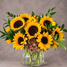 Sunflower bouquet in a clear glass vase