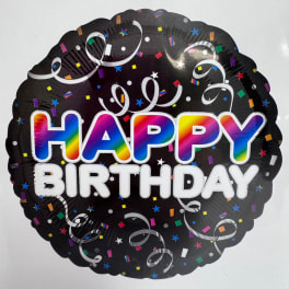Round black birthday balloon with rainbow "HAPPY BIRTHDAY" text