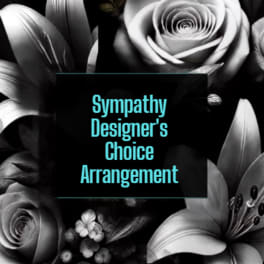 Black-and-white floral arrangement with roses and lilies and a sympathy message