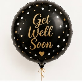 Black round balloon with gold "Get Well Soon" text and polka dots