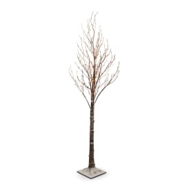 Tall decorative tree with bare branches and small lights on a square base