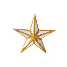 Gold star-shaped hanging ornament on a white background