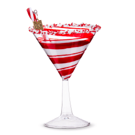 Red and white striped martini glass ornament with a small charm