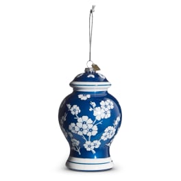Blue floral-patterned hanging ornament with a silver cord