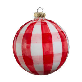 Red and white striped glass ornament with a gold cap
