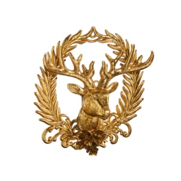 Gold deer head wall ornament with antlers and laurel wreath