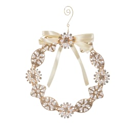 Pearl and rhinestone decorative wreath with a cream ribbon bow