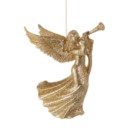 Gold glitter angel ornament hanging on a white background
