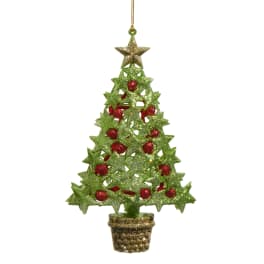 Glittery Christmas tree ornament with red decorations in a gold pot