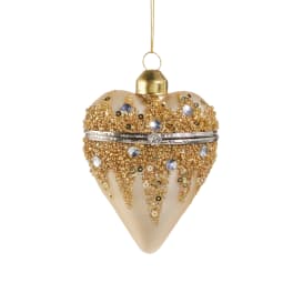 Gold heart-shaped hanging ornament with sequins and a silver band