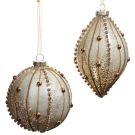 Two decorative hanging glass ornaments with gold bead accents