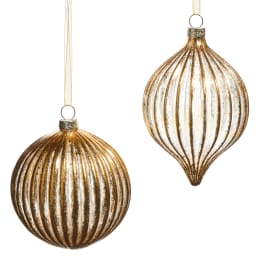 Two gold ribbed glass Christmas ornaments with hanging ribbons