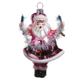 Pink Santa Claus ornament with silver tinsel garland
